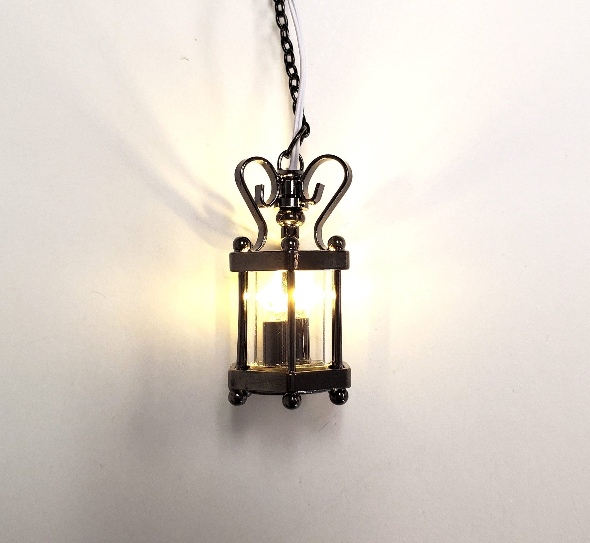 Dollhouse Battery Light Hanging Ceiling Lantern Chrome Black 1:12 Scale Miniature - Miniature Crush