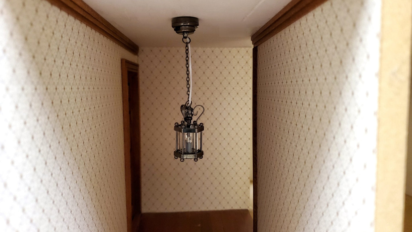 Dollhouse Battery Light Hanging Ceiling Lantern Chrome Black 1:12 Scale Miniature - Miniature Crush
