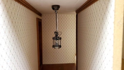 Dollhouse Battery Light Hanging Ceiling Lantern Chrome Black 1:12 Scale Miniature - Miniature Crush