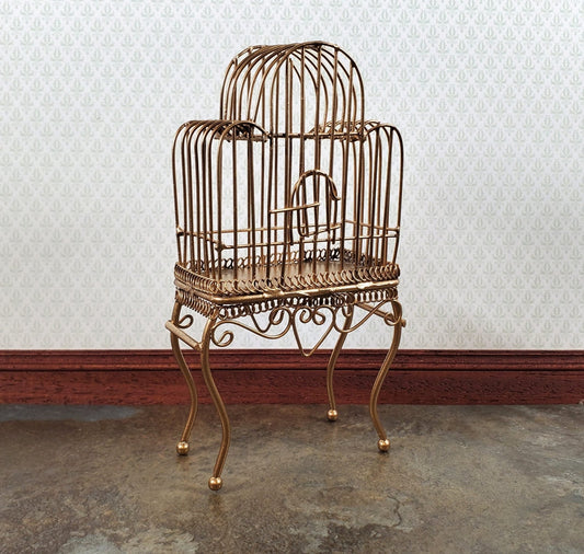 Dollhouse Birdcage Tall Standing Gold Metal Large 1:12 Scale Miniature Accessory - Miniature Crush