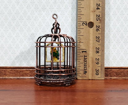 Dollhouse Birdcage with Parrot or Parakeet Bird Bronze Metal Cage Miniature - Miniature Crush