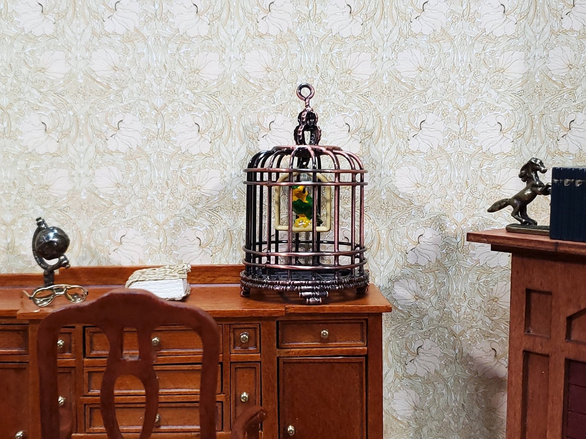 Dollhouse Birdcage with Parrot or Parakeet Bird Bronze Metal Cage Miniature - Miniature Crush