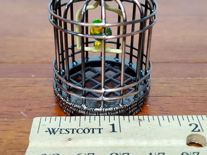Dollhouse Birdcage with Parrot or Parakeet Bird Bronze Metal Cage Miniature - Miniature Crush