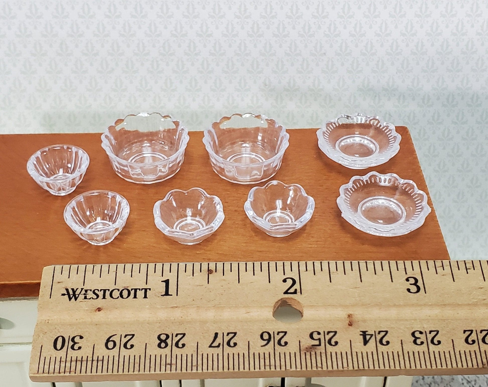 Dollhouse Bowls Serving Dishes Clear Plastic Scalloped Edge Set of 8 1:12 Scale Miniatures - Miniature Crush