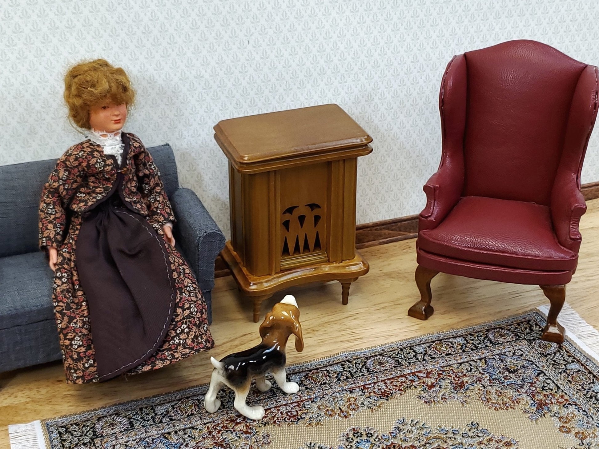 Dollhouse Cabinet Radio Vintage Style Wood Walnut Finish 1:12 Scale Miniature - Miniature Crush
