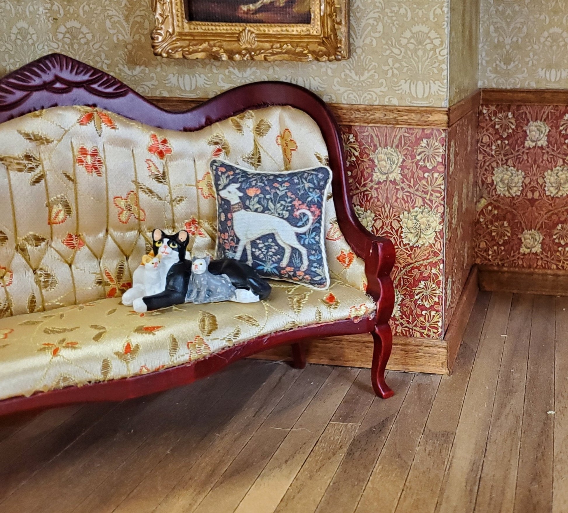 Dollhouse Cat with Kittens Tuxedo Black White Gray Orange 1:12 Scale Miniature - Miniature Crush