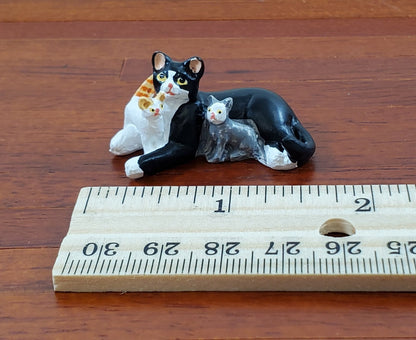 Dollhouse Cat with Kittens Tuxedo Black White Gray Orange 1:12 Scale Miniature - Miniature Crush