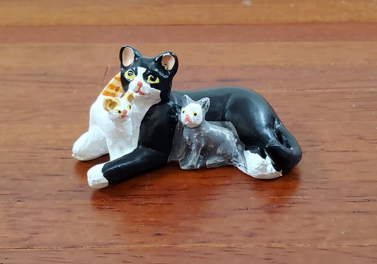 Dollhouse Cat with Kittens Tuxedo Black White Gray Orange 1:12 Scale Miniature - Miniature Crush