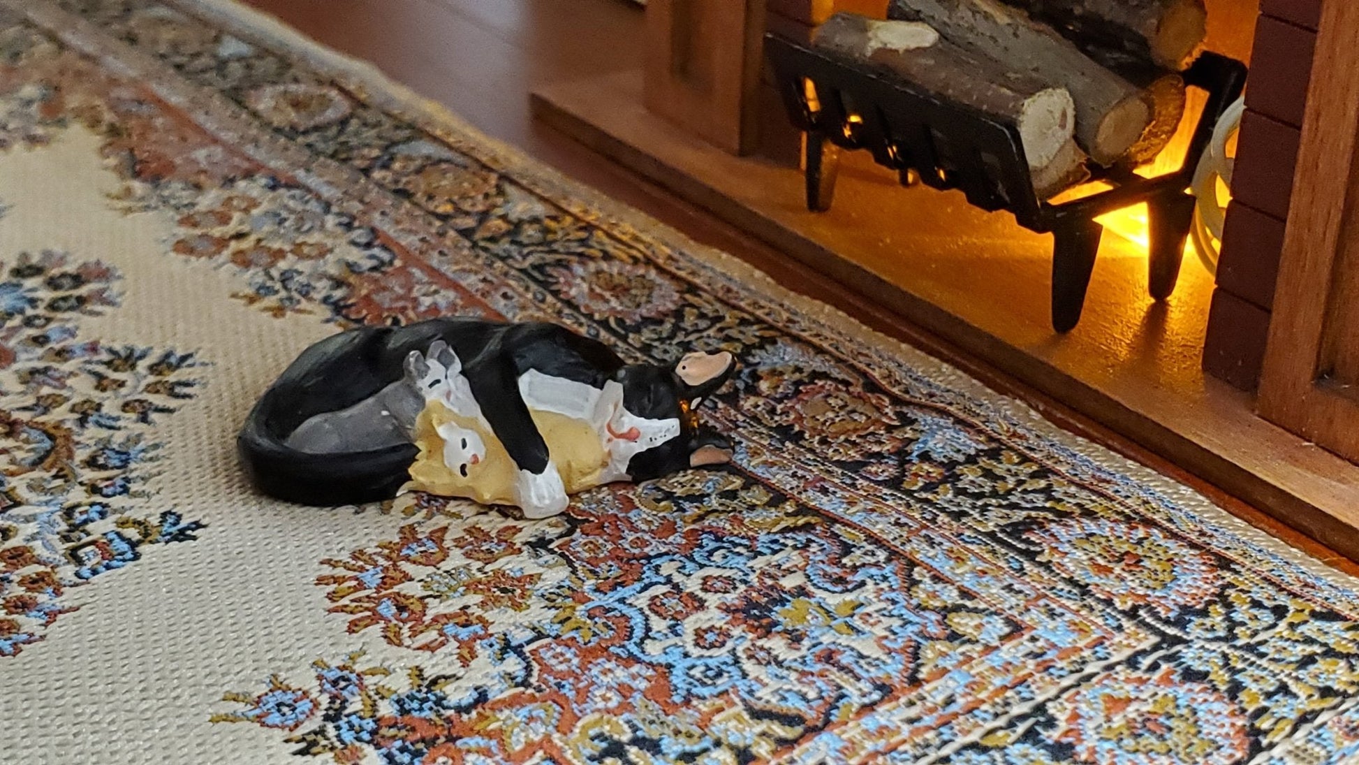 Dollhouse Cat with Kittens Tuxedo Black White Gray Orange 1:12 Scale Miniature - Miniature Crush
