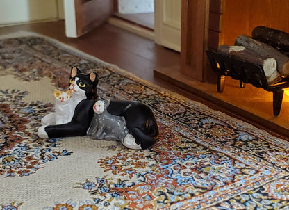 Dollhouse Cat with Kittens Tuxedo Black White Gray Orange 1:12 Scale Miniature - Miniature Crush