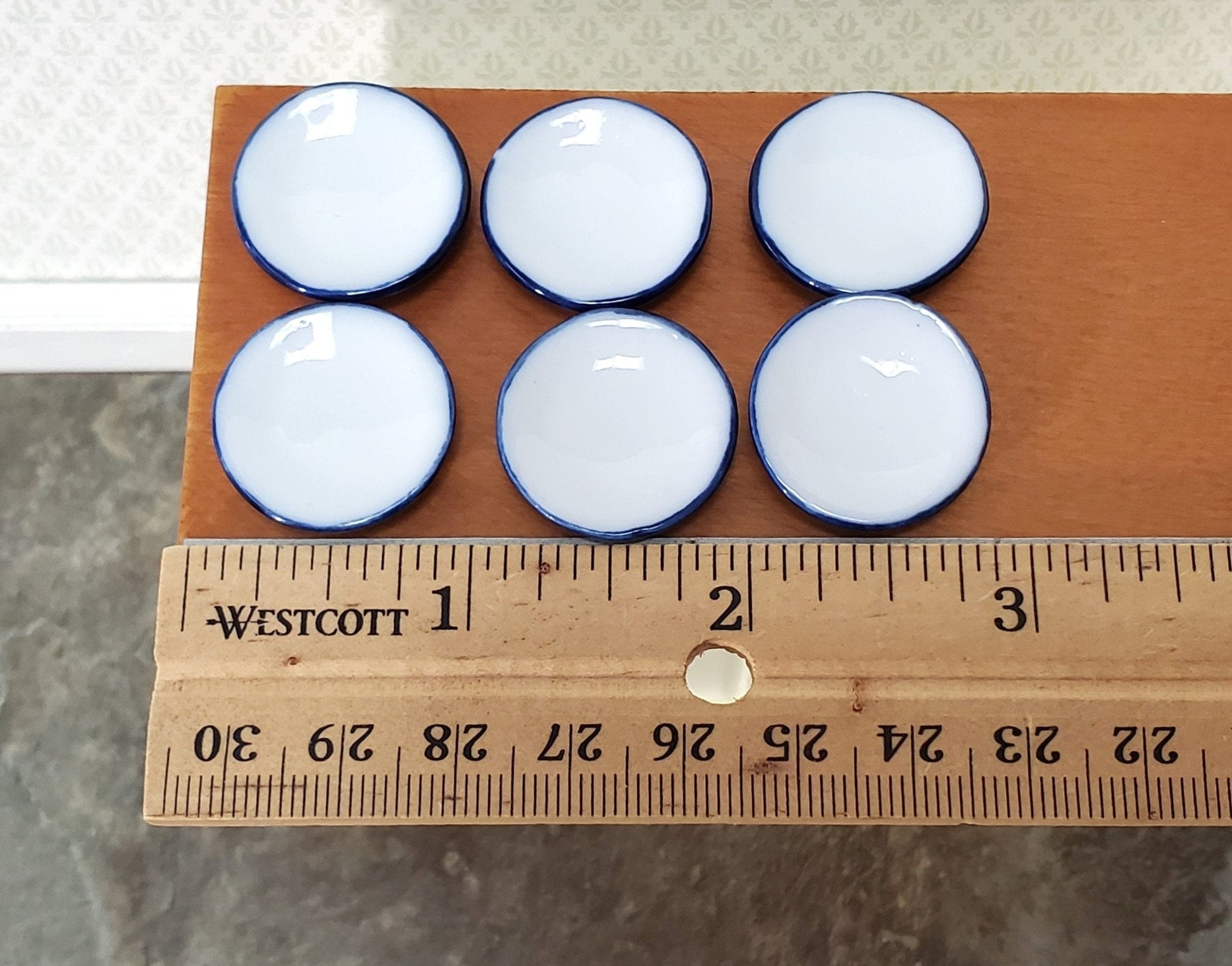 Dollhouse Ceramic Plates White with Blue Trim Set of 6 1:12 Scale Miniatures 7/8" - Miniature Crush
