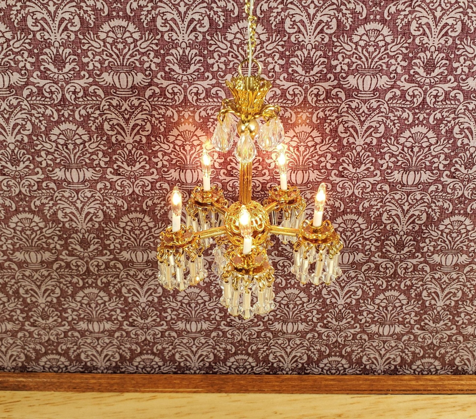 Dollhouse Chandelier 5 Arm Real Glass Crystals 12 Volt 1:12 Scale Vintage Style - Miniature Crush