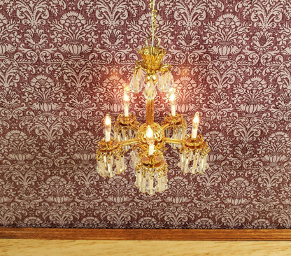 Dollhouse Chandelier 5 Arm Real Glass Crystals 12 Volt 1:12 Scale Vintage Style - Miniature Crush