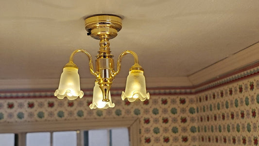 Dollhouse Chandelier Battery Ceiling Light 3 Arm Tulip 1:12 Scale Miniature - Miniature Crush