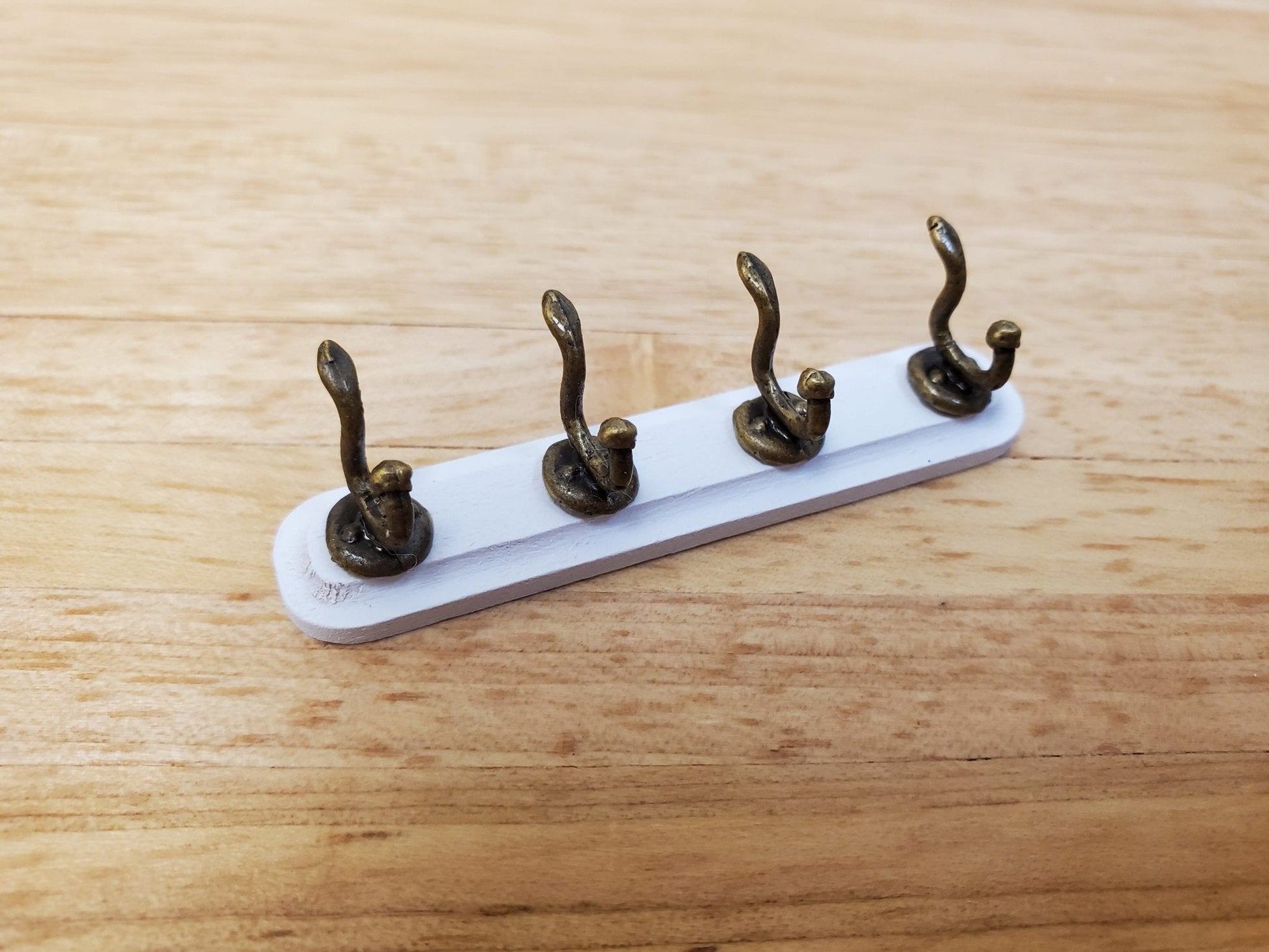 Dollhouse Coat Hooks Wall Rack White Wood 1:12 Scale Miniature Metal Hooks - Miniature Crush
