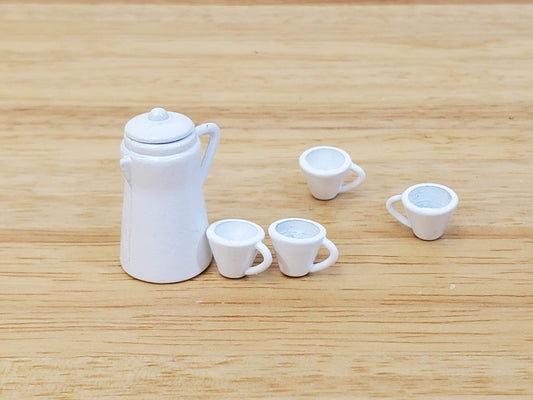 Dollhouse Coffee Pot & 4 Cups White Metal 1:12 Scale Miniature Kitchen Accessories - Miniature Crush