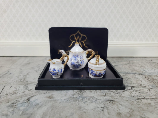 Dollhouse Coffee Tea Set Creamer & Sugar Dish Reutter Porcelain 1:12 Scale Miniature Blue White - Miniature Crush