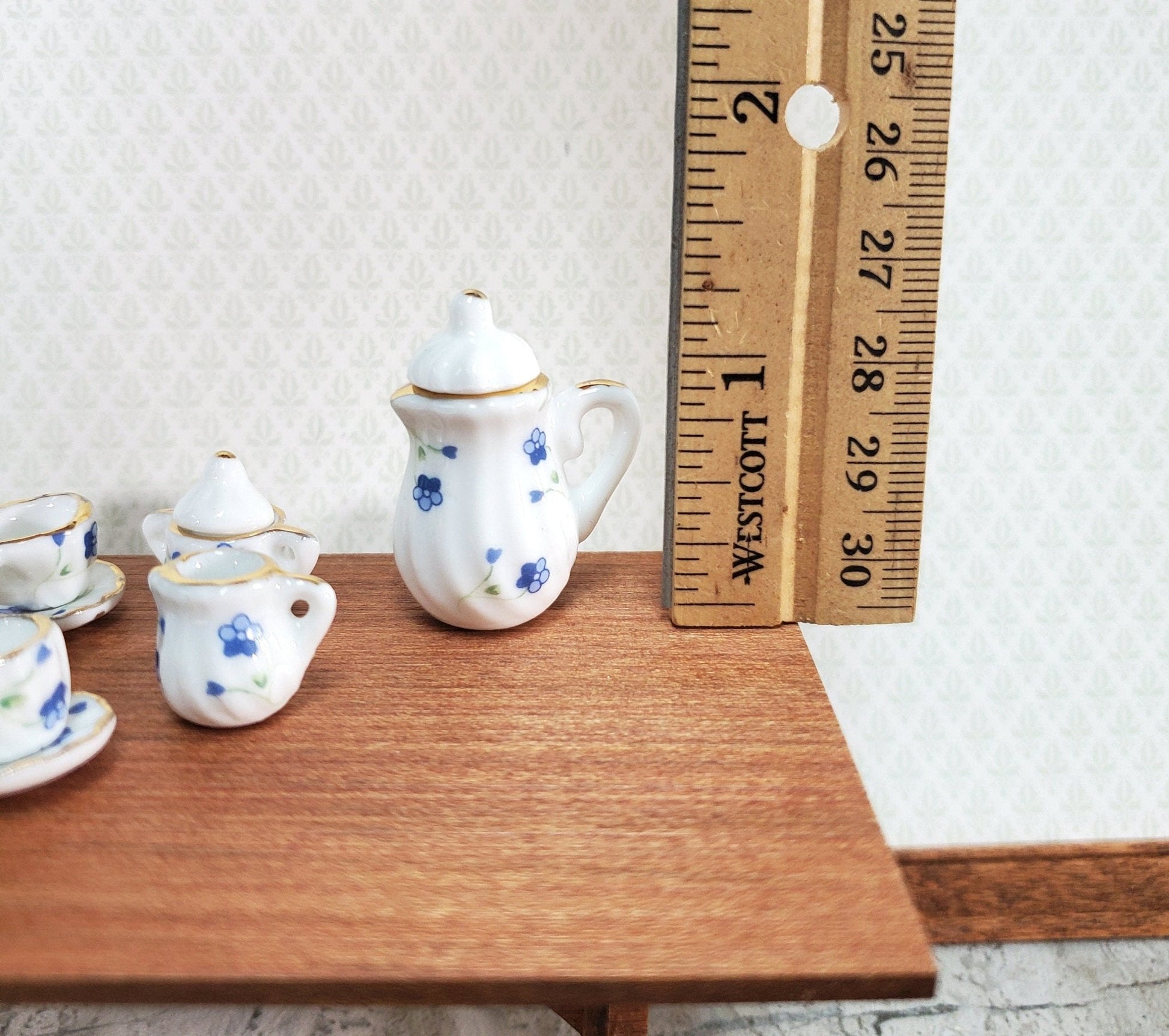 Dollhouse Coffee Tea Set Large Ceramic Pot Plates Cups Saucers 1:12 Scale Blue White - Miniature Crush