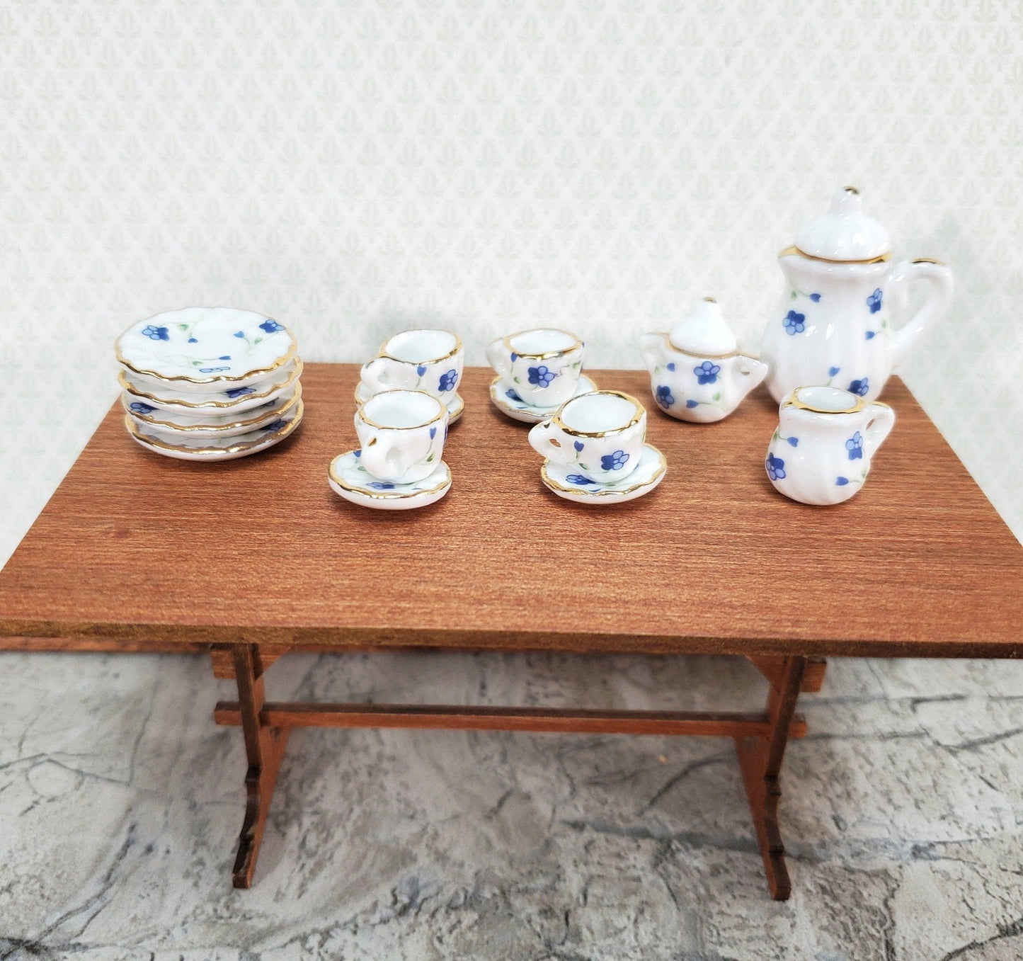 Dollhouse Coffee Tea Set Large Ceramic Pot Plates Cups Saucers 1:12 Scale Blue White - Miniature Crush
