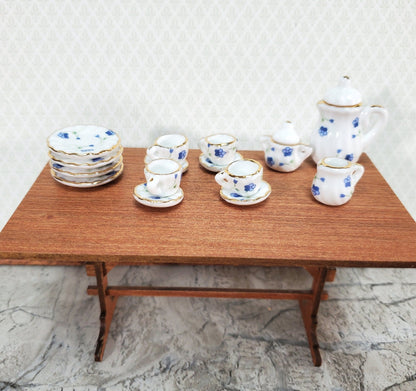 Dollhouse Coffee Tea Set Large Ceramic Pot Plates Cups Saucers 1:12 Scale Blue White - Miniature Crush