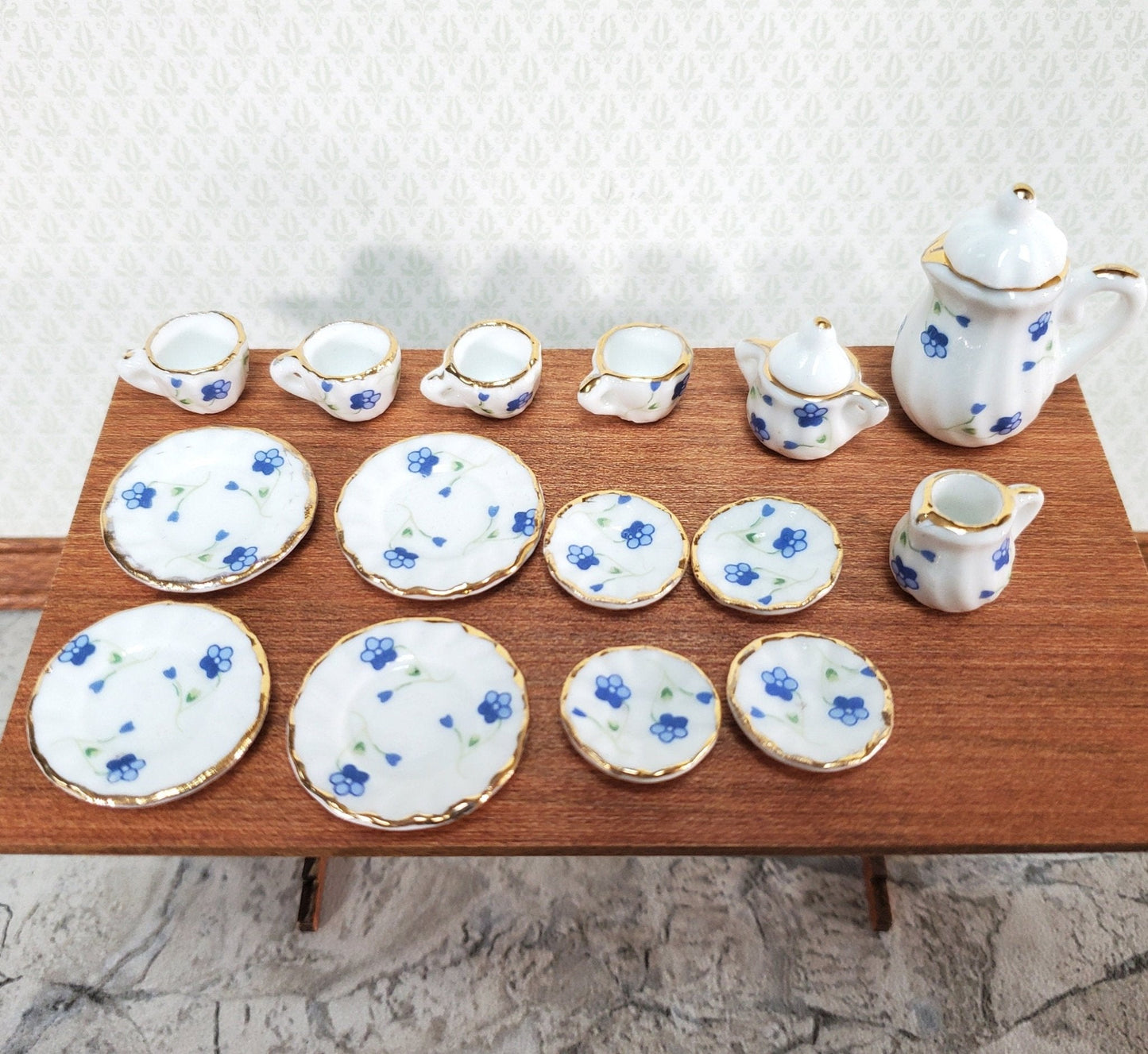 Dollhouse Coffee Tea Set Large Ceramic Pot Plates Cups Saucers 1:12 Scale Blue White - Miniature Crush