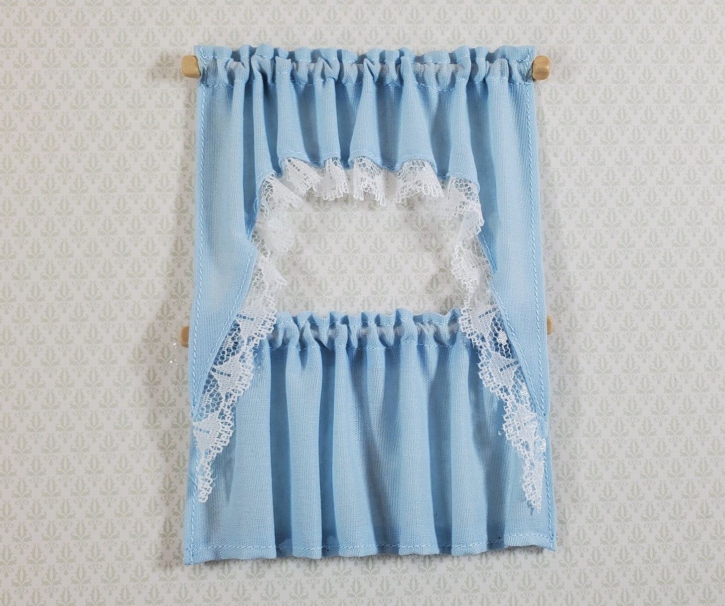 Dollhouse Curtains Cafe Style BLUE with White Lace Wood Curtain Rod 1:12 Scale - Miniature Crush