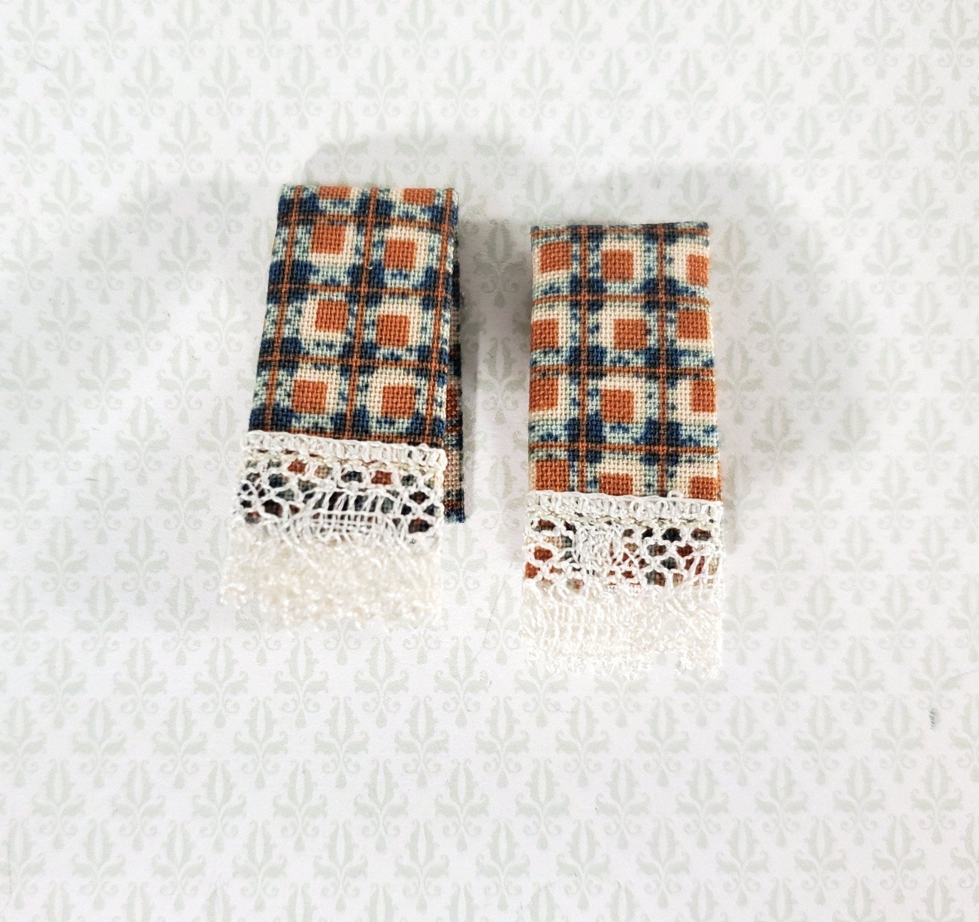 Dollhouse Dish Towels with Lace Blue & Rust Handmade 1:12 Scale Miniature for Kitchen - Miniature Crush