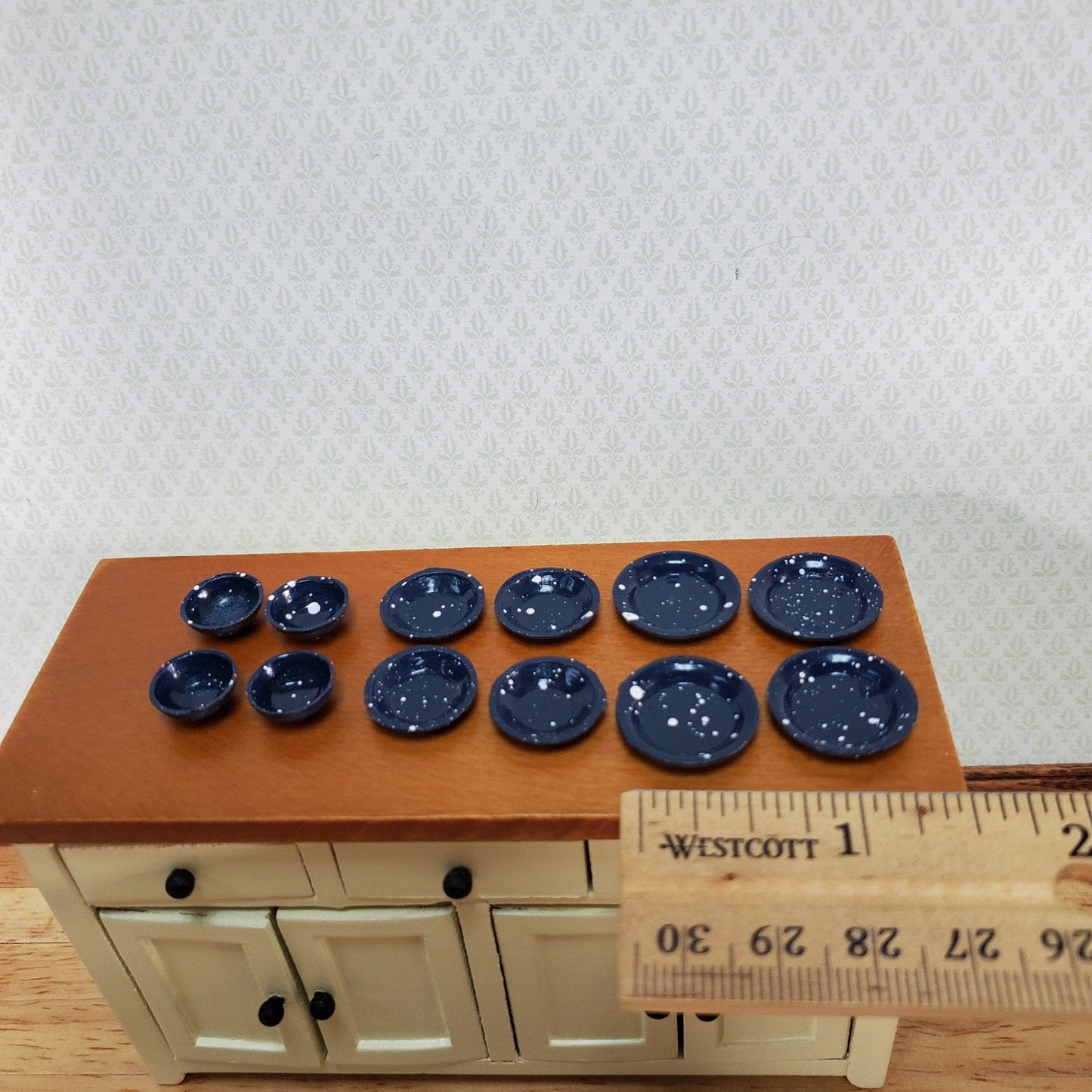 Dollhouse Dishes Plates & Bowls Blue Speckled 1:12 Scale Kitchen Accessories - Miniature Crush