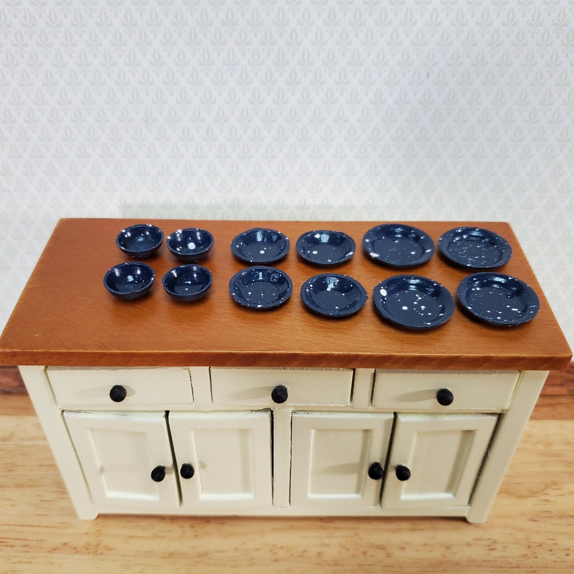 Dollhouse Dishes Plates & Bowls Blue Speckled 1:12 Scale Kitchen Accessories - Miniature Crush