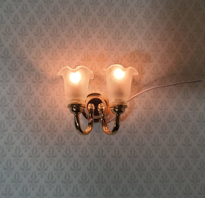 Dollhouse Double Sconce Tulip Flower Shade 12 Volt 1:12 Scale Miniature Wall Light - Miniature Crush