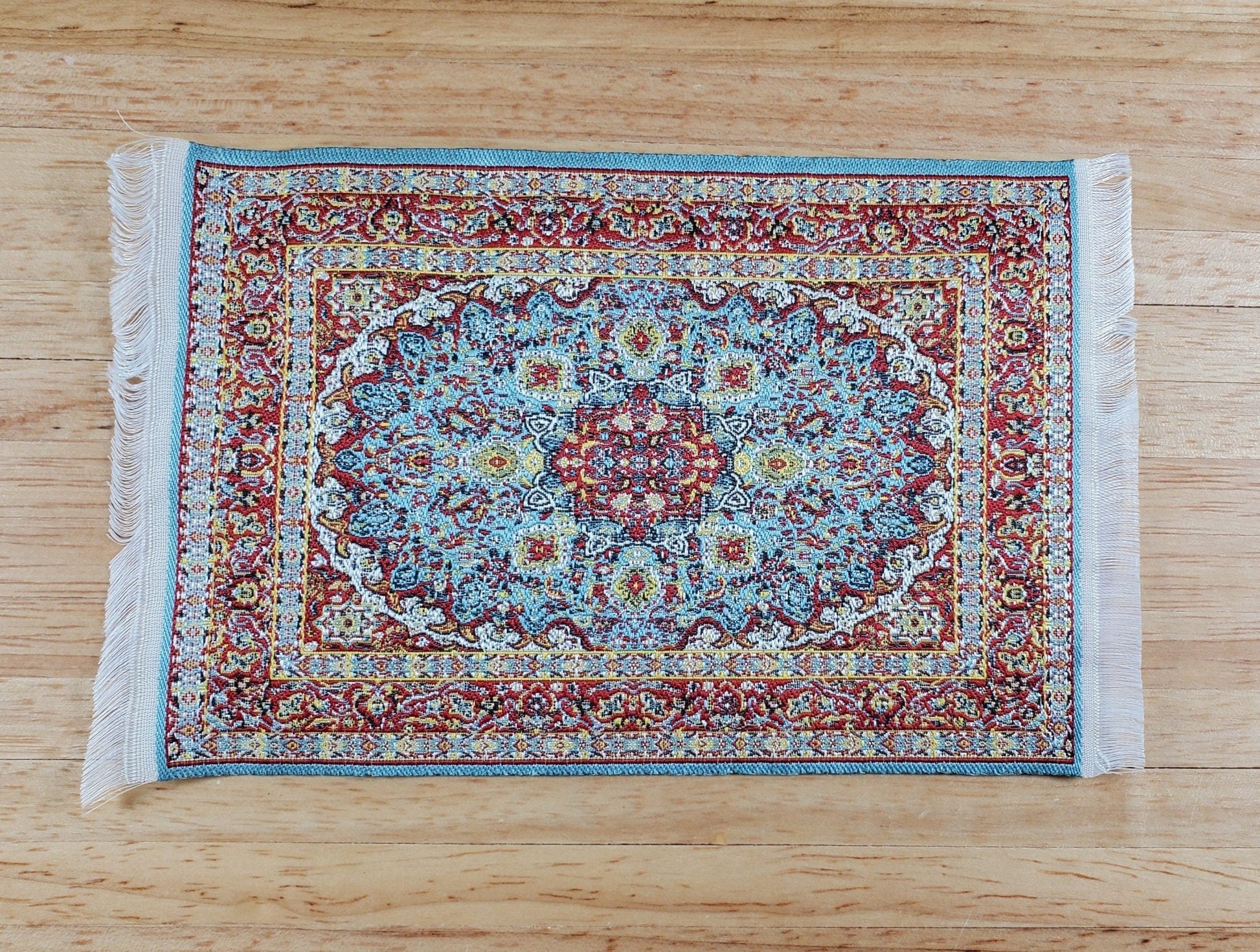 Dollhouse Fabric Rug Blue Maroon White 6" x 4" Woven Fabric 1:12 Scale Miniature - Miniature Crush