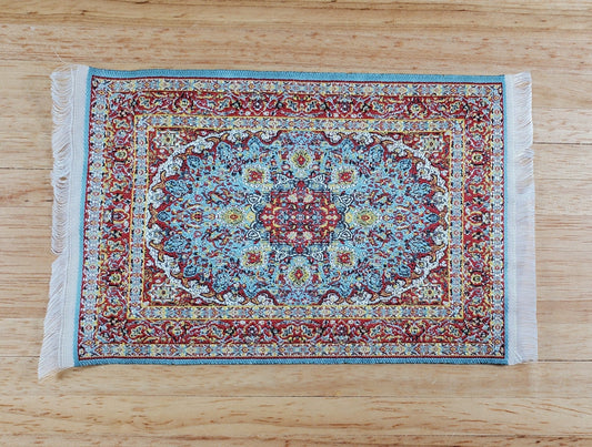 Dollhouse Fabric Rug Blue Maroon White 6" x 4" Woven Fabric 1:12 Scale Miniature - Miniature Crush