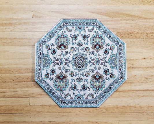 Dollhouse Fabric Rug Octagon Light Teal and White 1:12 Scale Miniature 5 3/4" - Miniature Crush