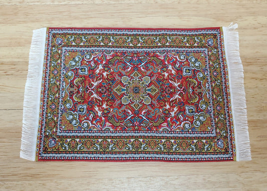 Dollhouse Fabric Rug Small Woven Fabric Red Gold 6 1/4" x 4" with Fringe 1:12 Scale Miniature - Miniature Crush