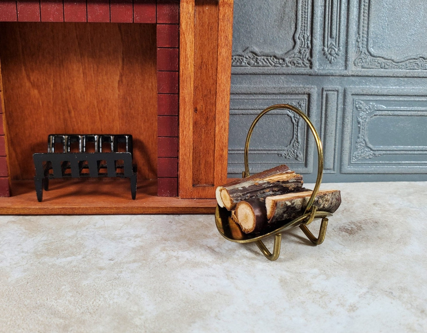 Dollhouse Fireplace Log Rack Holder with Handle Gold Metal 1:12 Scale Miniature - Miniature Crush