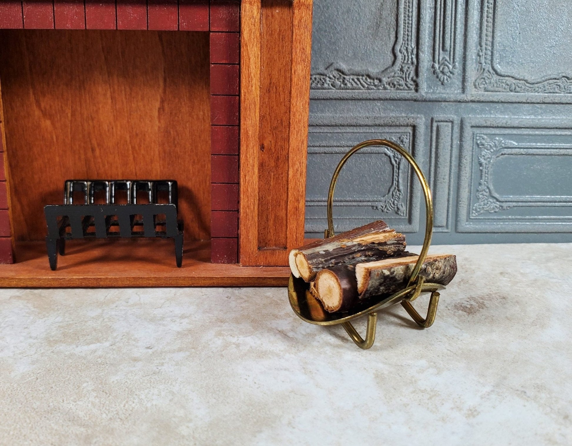 Dollhouse Fireplace Log Rack Holder with Handle Gold Metal 1:12 Scale Miniature - Miniature Crush