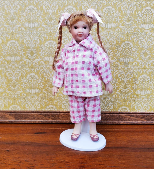 Dollhouse Girl Doll Braids Porcelain Pink & White Checked Outfit 1:12 Scale Miniature - Miniature Crush
