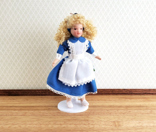 Dollhouse Girl Doll Curly Hair Porcelain Poseable 1:12 Scale Miniature Blue White Dress - Miniature Crush
