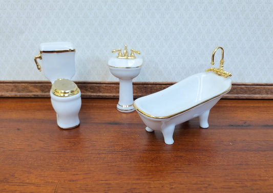 Dollhouse HALF SCALE Bathroom Set Reutter Porcelain Tub Toilet Sink 1:24 Miniatures 24k Gold Accents - Miniature Crush