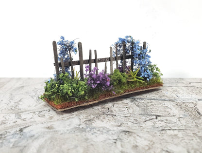Dollhouse HALF SCALE Flowers with Fence Purple Green Blue 1:24 Scale Miniature 2 Sided - Miniature Crush