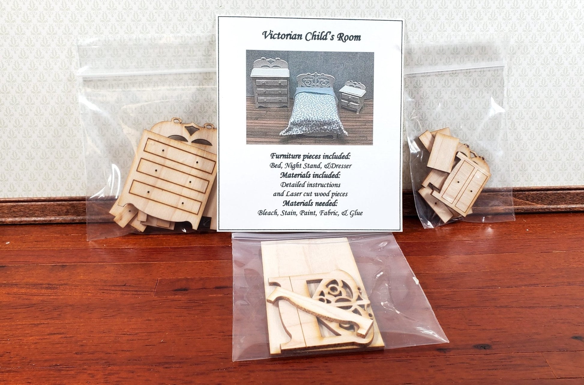Dollhouse Half Scale Furniture Kit DIY Victorian Childs Bedroom Bed Dresser 1:24