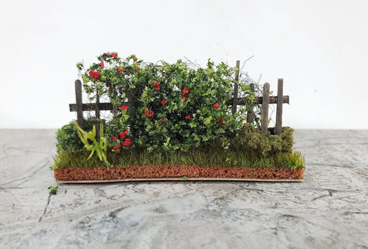Dollhouse HALF SCALE Red Roses Flowers with Fence 1:24 Scale Miniature 2 Sided - Miniature Crush