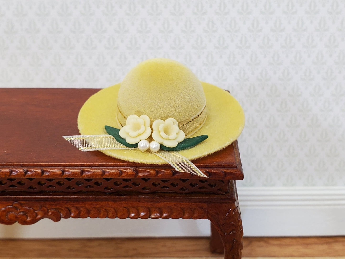 Dollhouse Hat Yellow Velvet with Flowers Wearable 1:12 Scale Miniature - Miniature Crush