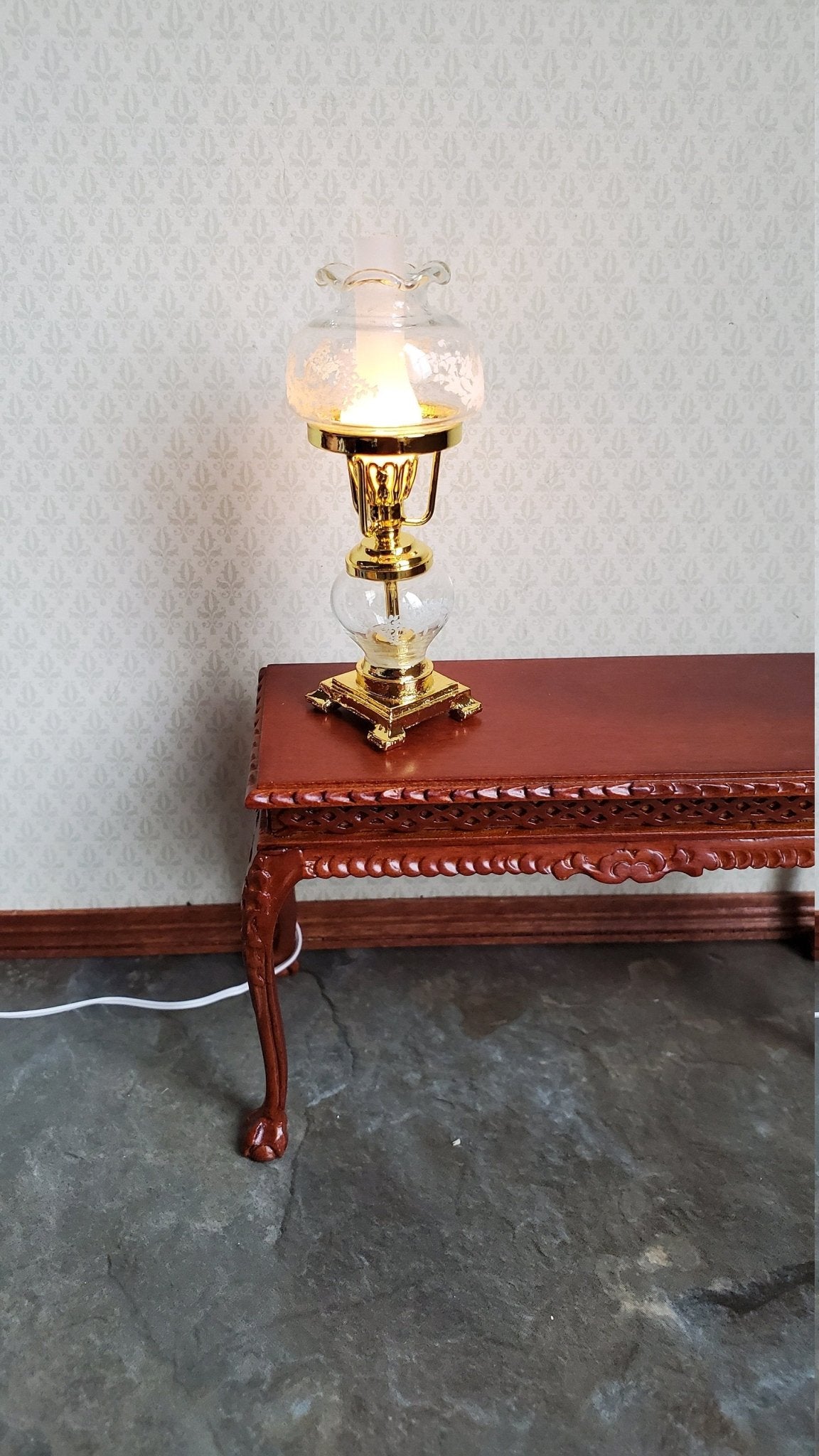 Dollhouse Hurricane Oil Lamp 12 Volt Light 1:12 Scale Miniature Vintage Style Gold - Miniature Crush