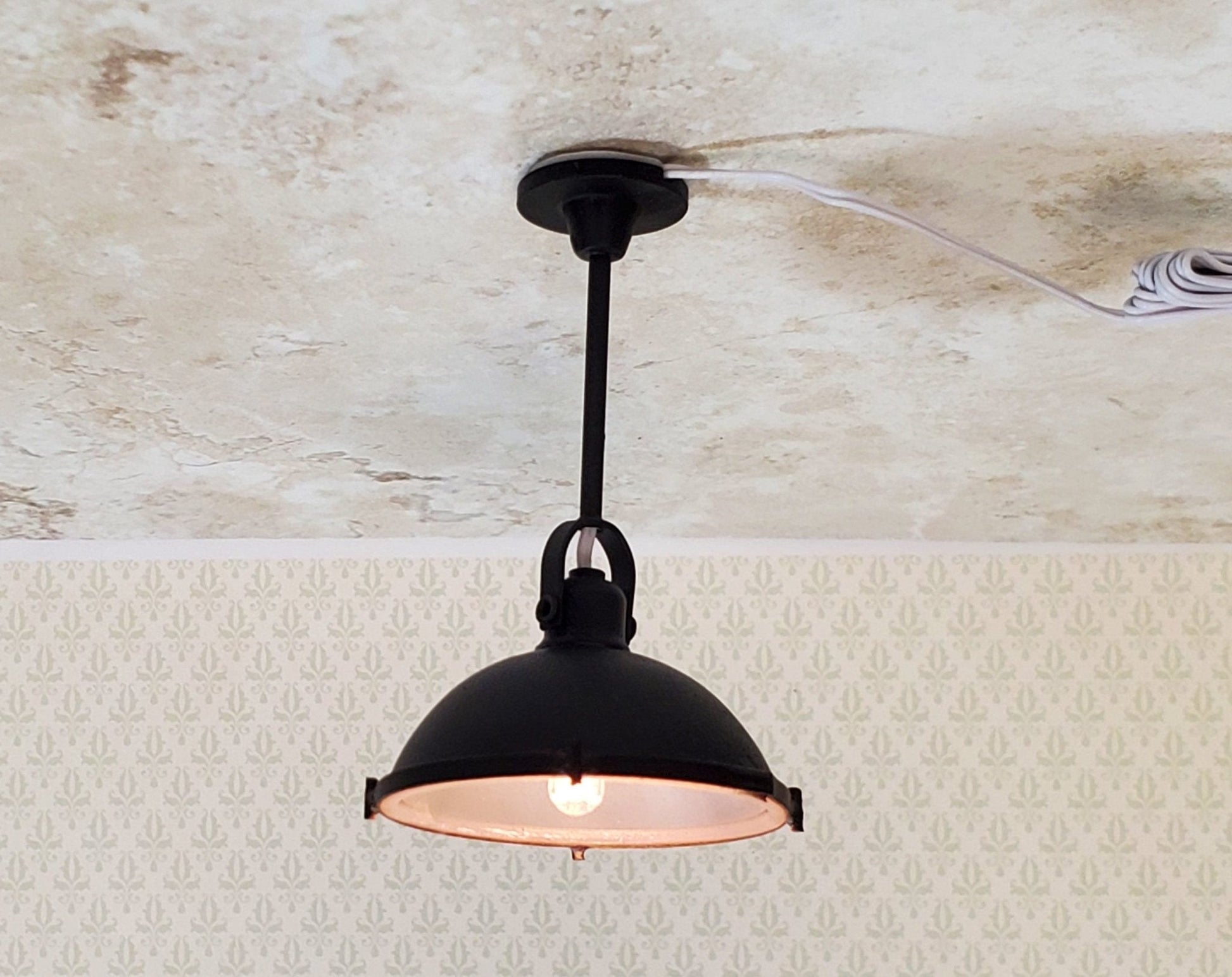 Dollhouse Industrial Black Ceiling Light 12 Volt with Plug 1:12 Scale Miniature - Miniature Crush