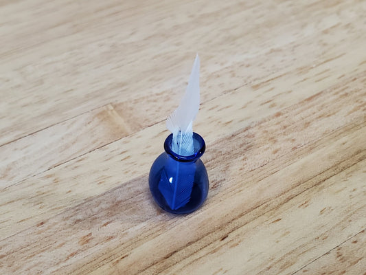 Dollhouse Inkwell with Feather Pen Cobalt Blue Glass 1:12 Scale Miniature Accessories - Miniature Crush