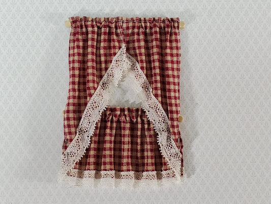 Dollhouse Kitchen Cafe Curtains Red Checked with Lace and Curtain Rod 1:12 Scale - Miniature Crush