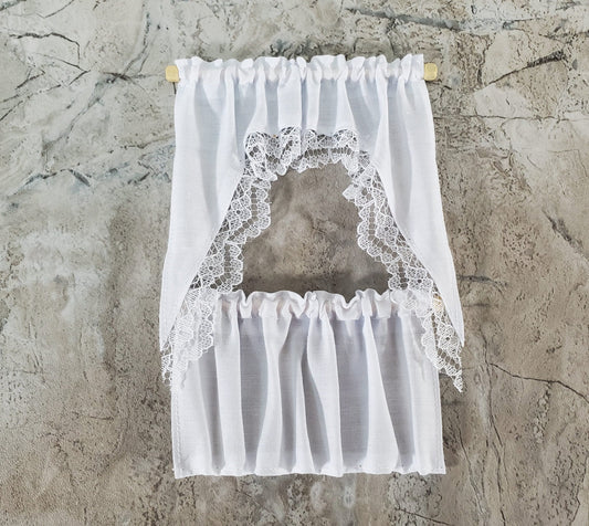 Dollhouse Kitchen Cafe Curtains White with Lace Curtain Rod 1:12 Scale - Miniature Crush