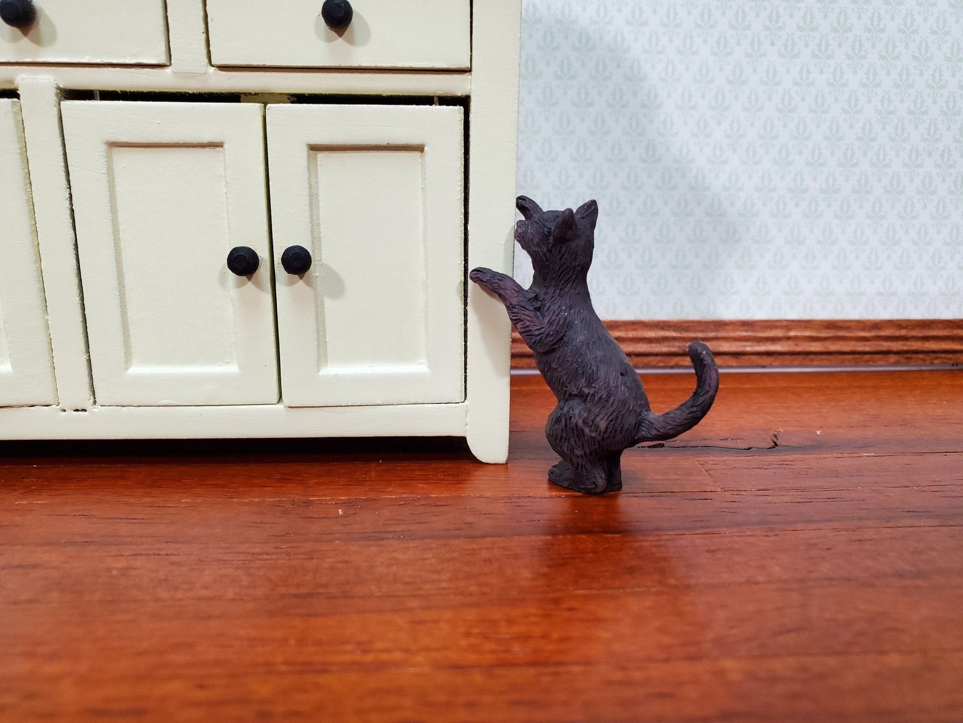 Dollhouse Kitty Cat Dark Brown Playful Reaching 1:12 Scale Miniature Pet - Miniature Crush