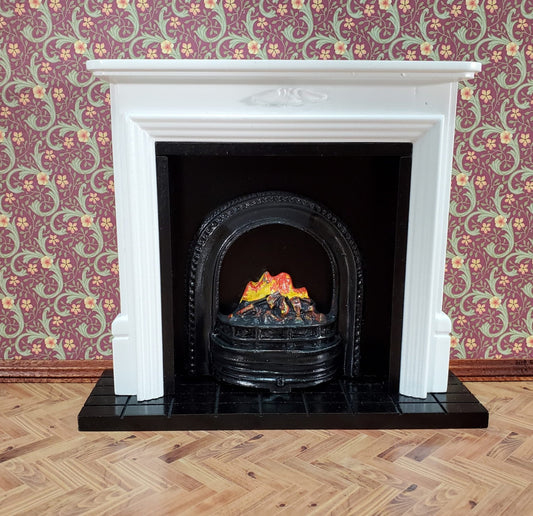 Dollhouse Large Fireplace with Fire Inside White Finish 1:12 Scale Miniature Furniture - Miniature Crush